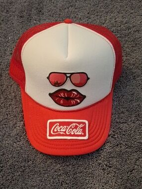 Coca-Cola Red and White Hat with Sunglasses and Lips Patch